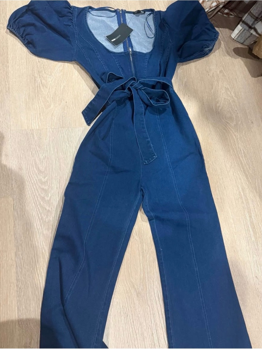 Fashion Nova Navy Blue Belted Puff-Sleeve Jumpsuit